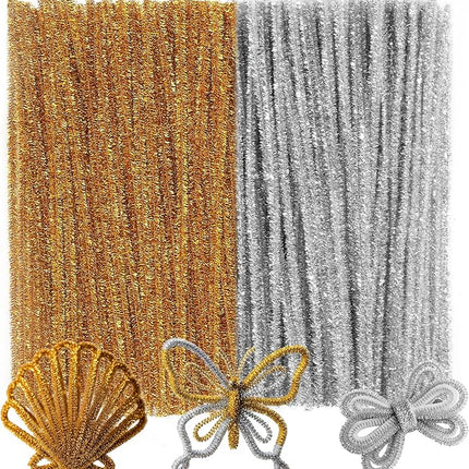 Caydo 200 Pieces Glitter Golden & Silver Pipe Cleaners, Thick Fluffy Chenille Stems, Pipe Cleaner Crafts for Arts & Crafts, Perfect for Making Animals, Flowers, and Valentine's Day Decorations