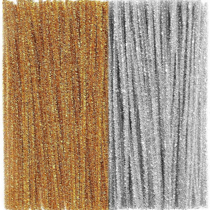 Caydo 200 Pieces Glitter Golden & Silver Pipe Cleaners, Thick Fluffy Chenille Stems, Pipe Cleaner Crafts for Arts & Crafts, Perfect for Making Animals, Flowers, and Valentine's Day Decorations