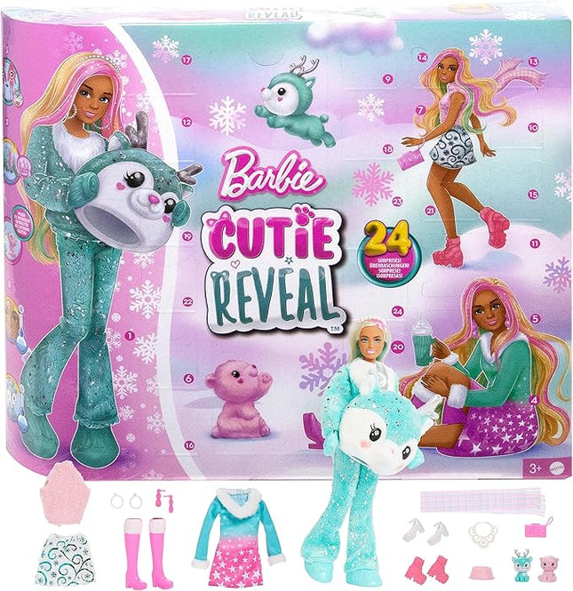 Barbie Cutie Reveal Advent Calendar & Doll, Blue & Pink Hair, 25 Surprises Include Clothes, Accessories & Color-Change Pets, Holiday Toy for Kids