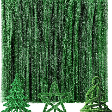 Caydo 200 Pieces Glitter Green Pipe Cleaners,Thick Fluffy Chenille Stems, Pipe Cleaner Crafts for Arts & Crafts, Perfect for Making Animals, Flowers, and St. Patrick's Day Decorations