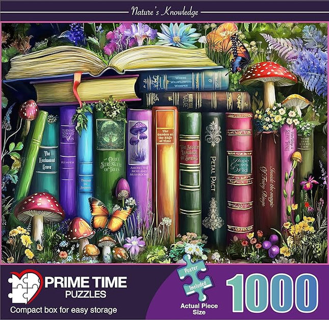 1000 Piece Jigsaw Puzzle for Adults - Wildflowers, Mushrooms and Books in Nature - Challenging Puzzle - Magic Butterfly Library with Plants and Flowers - Adult 1000 Piece Puzzle. 20x27 inches