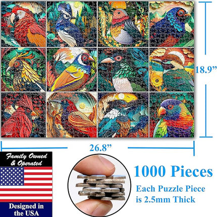 Think2Master Colorful Birds 1000 Pieces Jigsaw Puzzle. Paper Cut Craft Style. Fun for Teens, Seniors & Families. Great Gift for Kids Ages 13+. Size: 26.8” x 18.9”