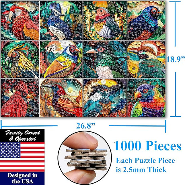 Think2Master Colorful Birds 1000 Pieces Jigsaw Puzzle. Paper Cut Craft Style. Fun for Teens, Seniors & Families. Great Gift for Kids Ages 13+. Size: 26.8” x 18.9”