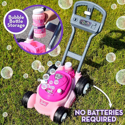 Barbie Bubble Lawn Mower for Toddlers, Bubble Blowing Machines, Indoor and Outdoor Gardening Toy, Birthday, Party Favor for Preschool Girls, No Batteries Required, Includes Bubble Solution, 2+