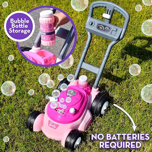 Barbie Bubble Lawn Mower for Toddlers, Bubble Blowing Machines, Indoor and Outdoor Gardening Toy, Birthday, Party Favor for Preschool Girls, No Batteries Required, Includes Bubble Solution, 2+