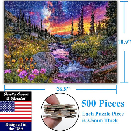 Think2Master Starry Mountain River 500 Pieces Large Format Jigsaw Puzzle: Kids 12+, Teens, Adults & Families.Vibrant Starry Night & Milkyway Landscape with Flowers. Great Gift. Size: 26.8” X 18.9”