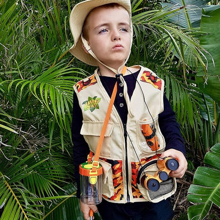 Safari Kidz Outdoor Explorer Kit - Orange Camouflage Cargo Vest and Hat Set, Backyard Nature Adventures, Washable Costume, Age 3+