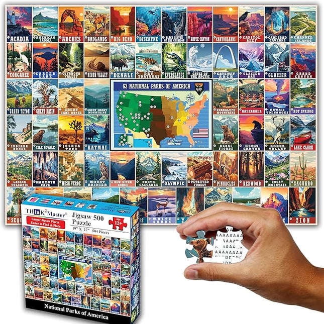 Think2Master Colorful Vintage USA National Parks 500 Pieces Large Format Jigsaw Puzzle for Kids 12+, Teens, Adults & Families. Great Gift for People Interested in Traveling. Size: 26.8” X 18.9”