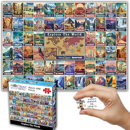 Think2Master Colorful Vintage World Travel Poster 1000 pieces Large Format Jigsaw Puzzle for kids 12+, teens, adults & families. Great gift for people wanting to explore the World. Size: 26.8” X 18.9”