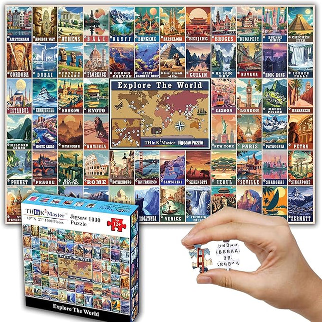 Think2Master Colorful Vintage World Travel Poster 1000 pieces Large Format Jigsaw Puzzle for kids 12+, teens, adults & families. Great gift for people wanting to explore the World. Size: 26.8” X 18.9”