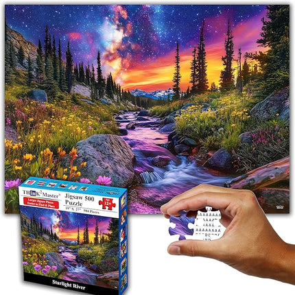 Think2Master Starry Mountain River 500 Pieces Large Format Jigsaw Puzzle: Kids 12+, Teens, Adults & Families.Vibrant Starry Night & Milkyway Landscape with Flowers. Great Gift. Size: 26.8” X 18.9”