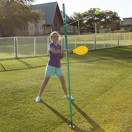 Champion Sports TTGAME Tetherball Tennis: Swingball Outdoor Lawn Game for Kids, Adults, and Families - Backyard Tether Kit with Tennis Ball and Paddle Set